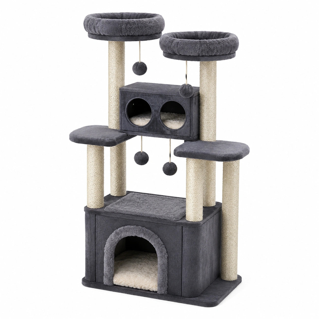 Arbre à chat gris, beige et blanc cassé 70 × 50 × 145 cm avec niches, couchages et poteaux en sisal