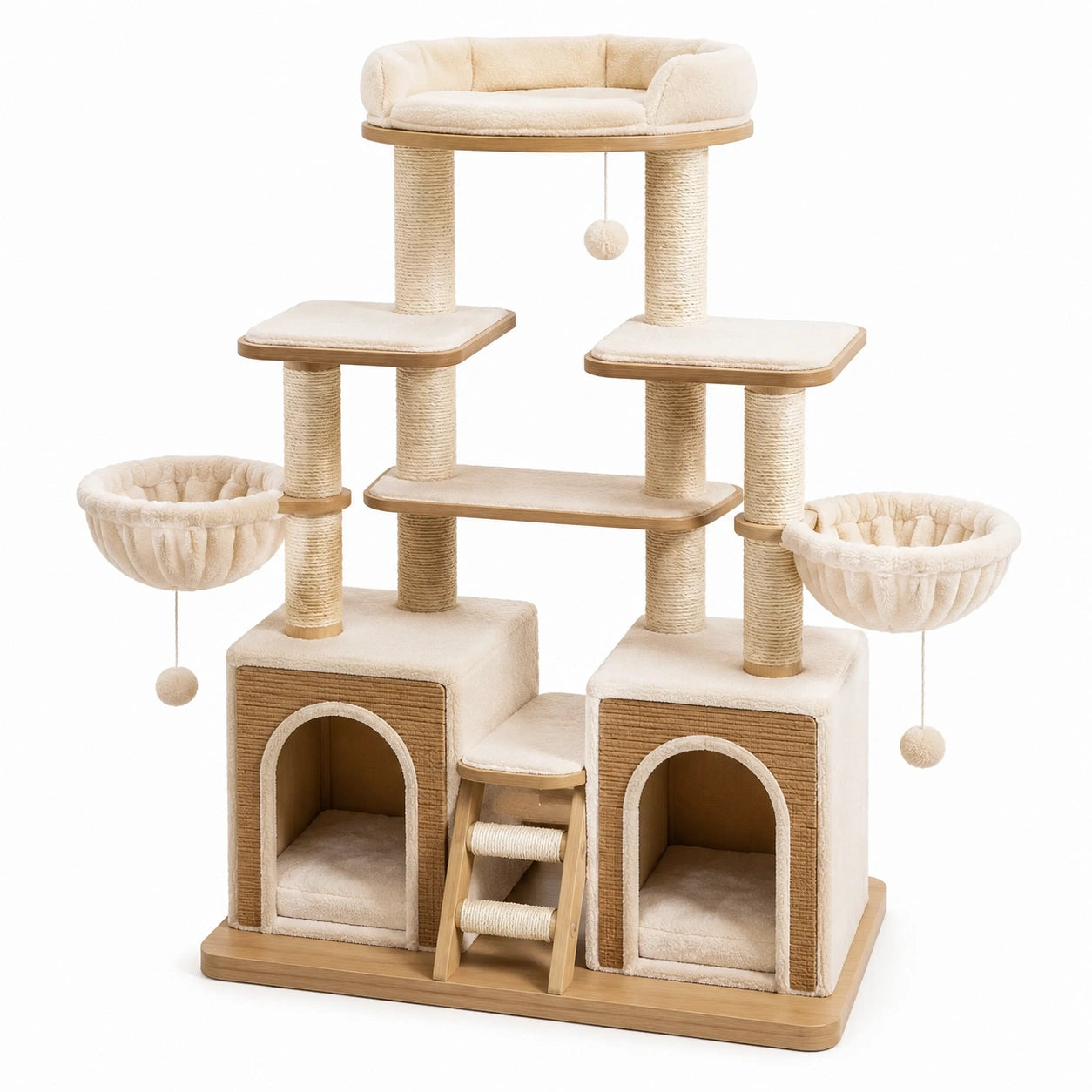 Arbre à chat multiniveau 140 × 55 × 165 cm en bois, sisal et tissu crème et marron clair avec 2 niches, 2 hamacs et plateformes
