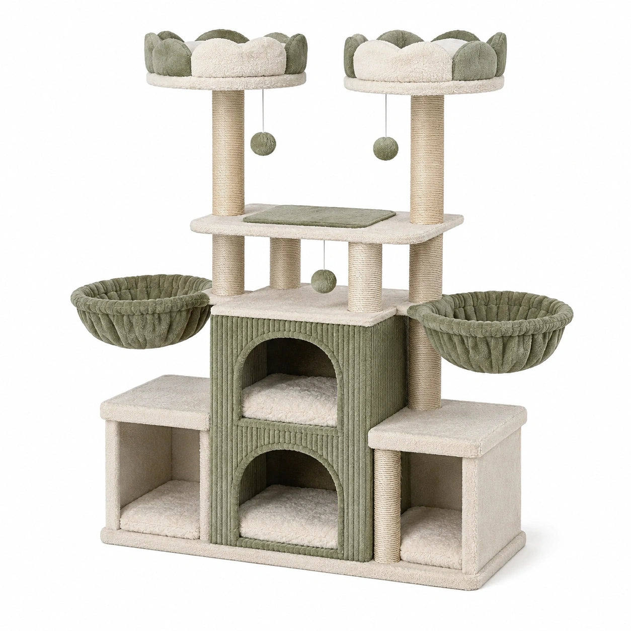 Arbre à chat multiniveau 165 × 60 × 190 cm beige et vert sauge avec poteaux en sisal