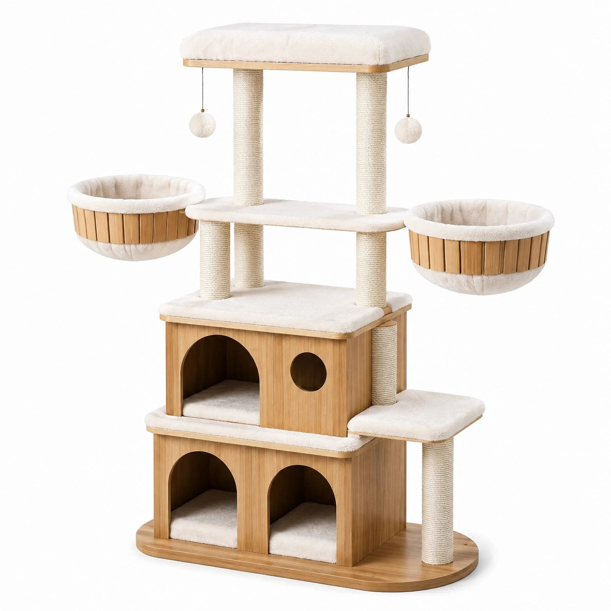 Arbre à chat en bois, sisal et peluche beige, 165 × 60 × 180 cm, avec niches, paniers et plateformes