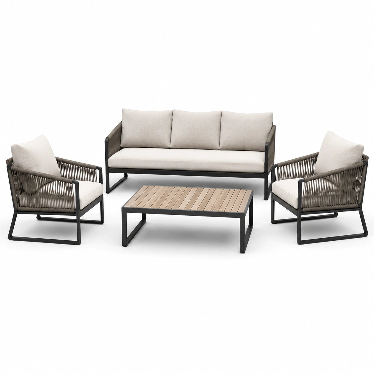 Salon de jardin 4 pièces 5 places, canapé 185 × 76 × 78 cm, fauteuils 75 × 76 × 78 cm et table 110 × 60 × 38 cm, beige, taupe, noir et marron clair