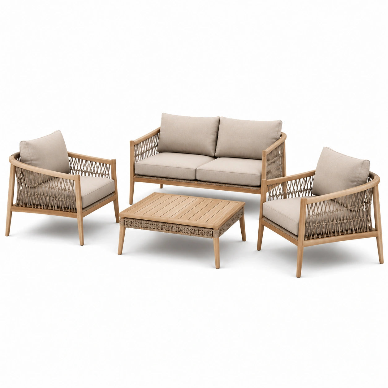 Mobilier de jardin 4 pièces en bois naturel, corde tressée taupe et tissu beige – canapé 140 × 75 × 78 cm, fauteuils 75 × 75 × 78 cm, table 95 × 60 × 40 cm