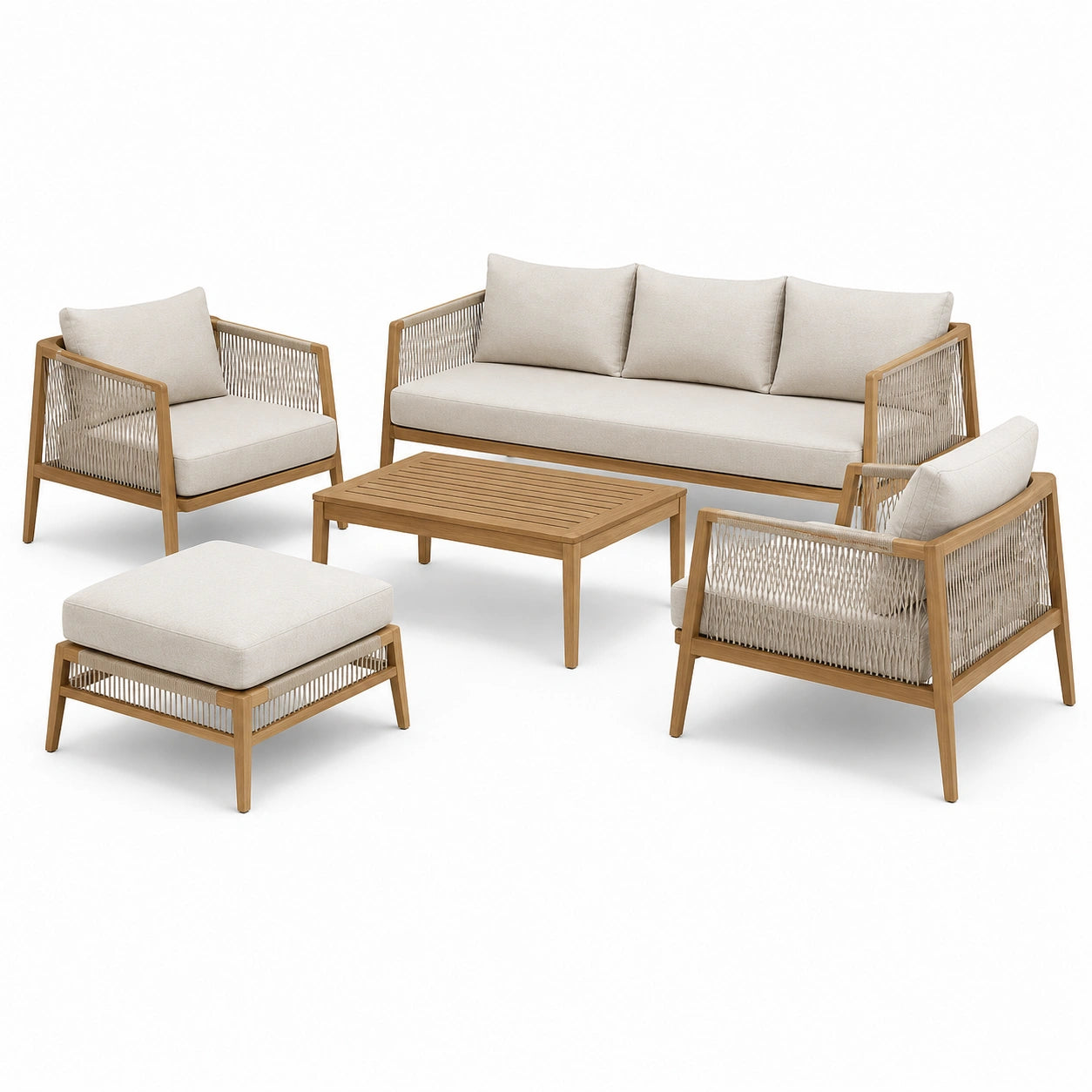 Salon de jardin 5 pièces beige et brun naturel avec canapé 3 places 190 × 80 × 76 cm, 2 fauteuils, repose-pieds et table basse