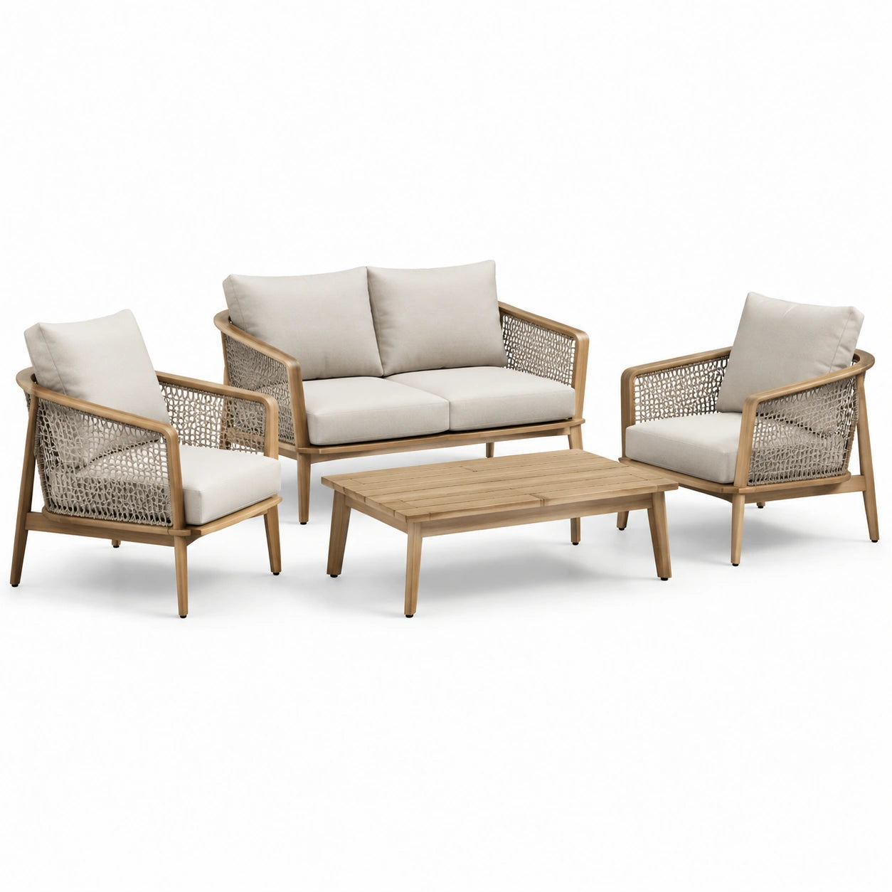 Ensemble de jardin 4 pièces beige, brun clair et taupe – canapé 135 × 75 × 80 cm, fauteuils 70 × 75 × 80 cm, table 100 × 60 × 38 cm