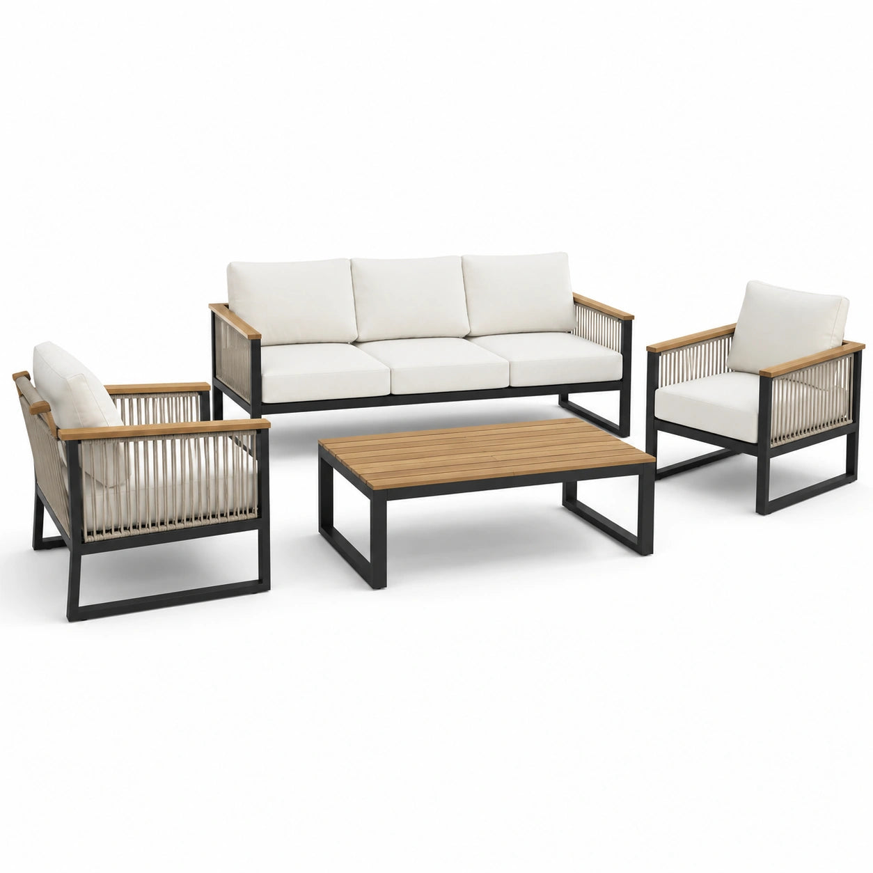 Ensemble de jardin 4 pièces avec canapé 3 places 194 × 78 × 78 cm, 2 fauteuils 76 × 78 × 76 cm et table basse 110 × 60 × 42 cm, blanc, noir, brun et beige