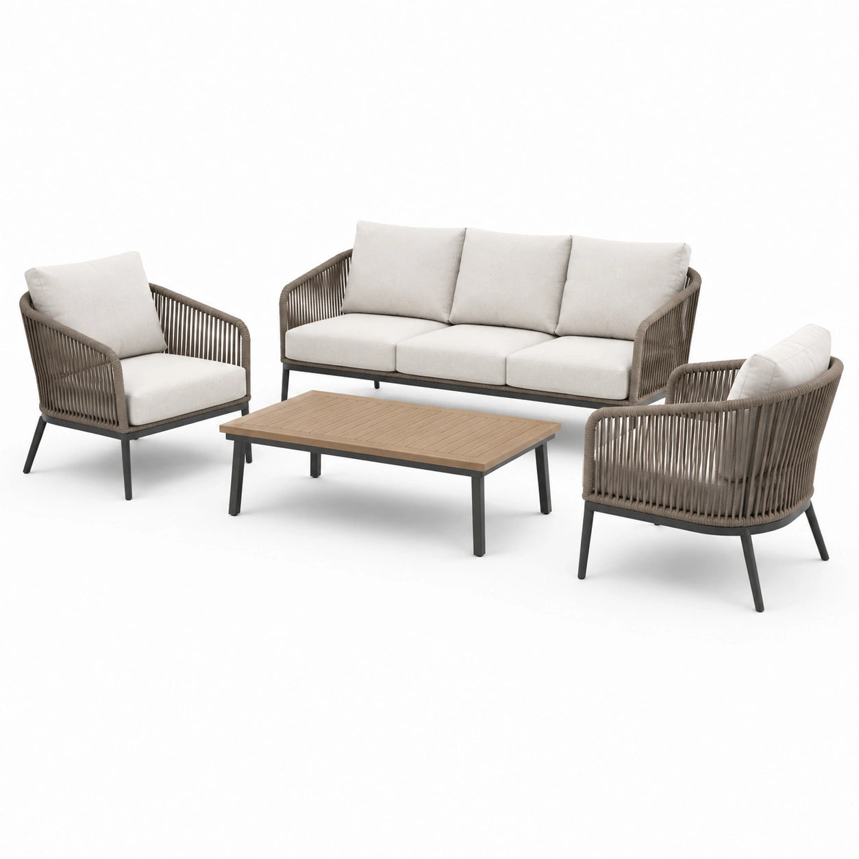 Ensemble d’extérieur 4 pièces en corde tressée taupe et métal noir avec coussins beiges – Canapé 194 × 78 × 78 cm, fauteuils 75 × 78 × 78 cm et table 110 × 60 × 40 cm