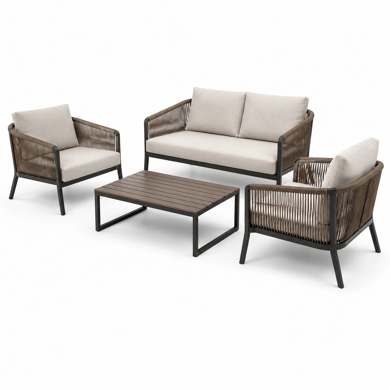 Salon de jardin 4 pièces beige, taupe et anthracite avec canapé 135 × 77 × 76 cm, 2 fauteuils 73 × 77 × 76 cm et table 90 × 60 × 38 cm