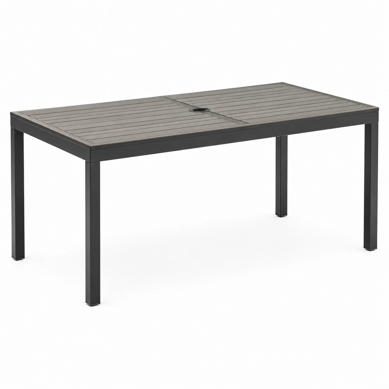 Table rectangulaire en métal et composite gris et gris anthracite, 160 × 90 × 75 cm, avec trou pour parasol