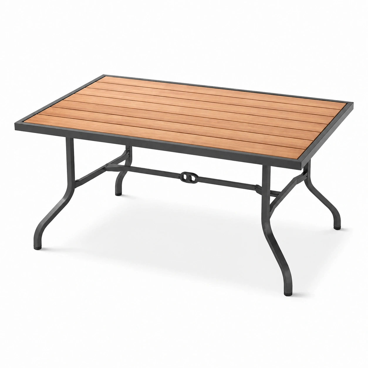 Table de jardin rectangulaire en bois brun et métal noir, 150 × 90 × 74 cm