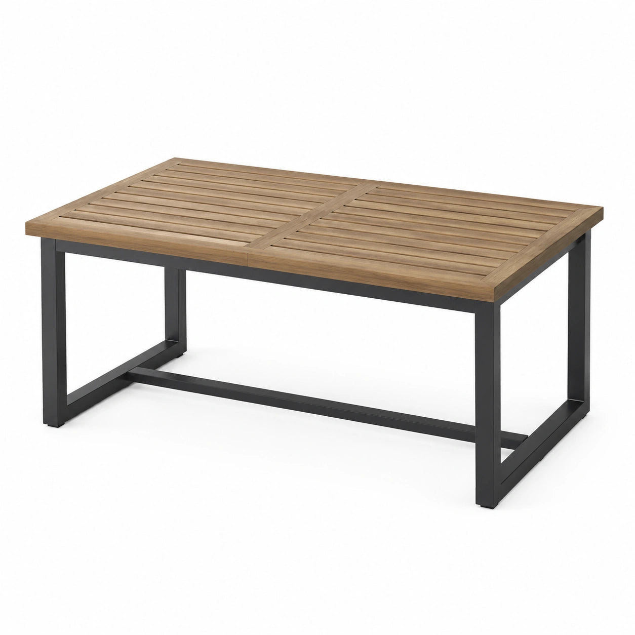 Table de jardin rectangulaire en bois brun et métal noir, 140 × 80 × 75 cm, style industriel