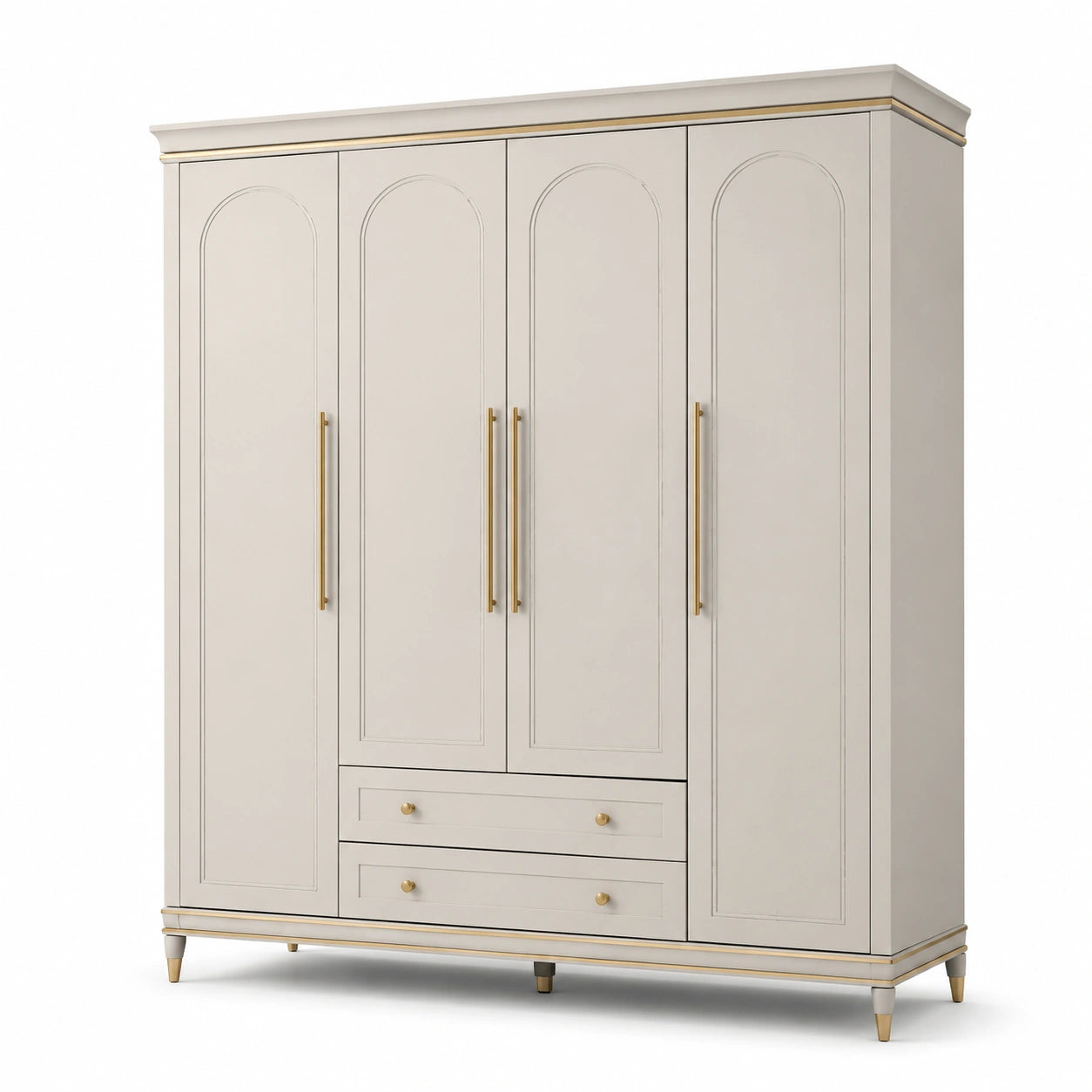 Armoire en bois beige et doré 200 × 55 × 220 cm, 4 portes et 2 tiroirs