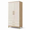 Armoire à 2 portes et 2 tiroirs, effet bois beige et blanc cassé, poignées dorées, 100 × 55 × 200 cm