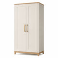 Armoire à 2 portes blanc cassé et bois clair avec poignées dorées, 90 × 50 × 190 cm