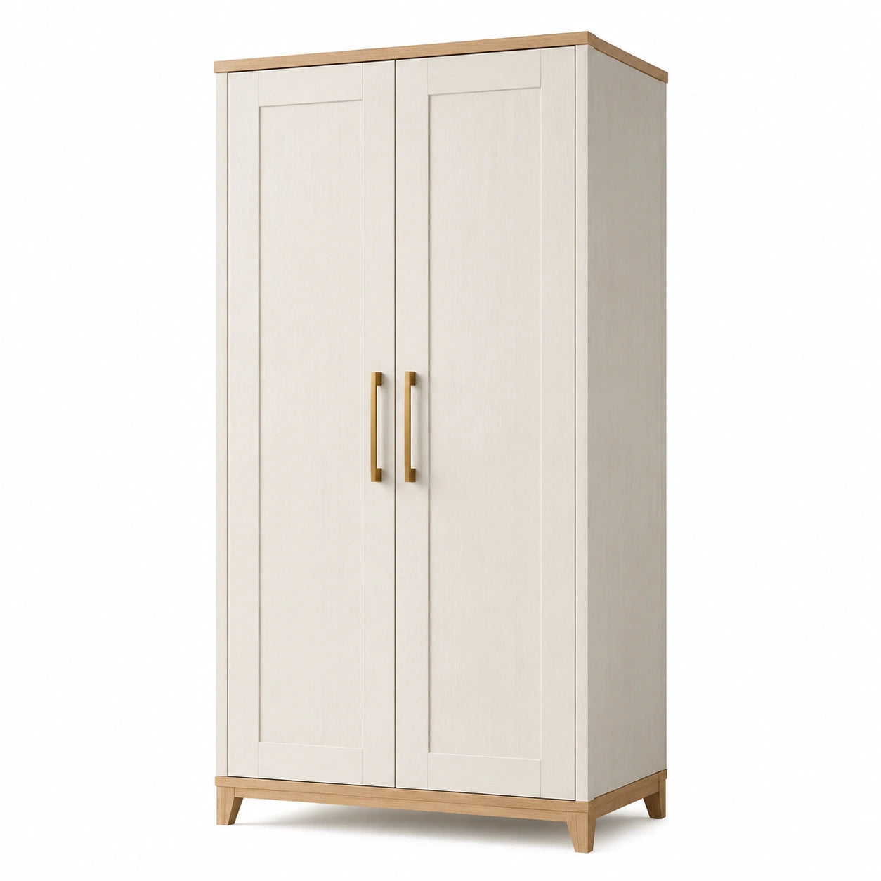 Armoire à 2 portes blanc cassé et bois clair avec poignées dorées, 90 × 50 × 190 cm