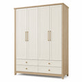 Armoire contemporaine à 4 portes et 4 tiroirs, blanc cassé et bois clair, poignées dorées, 160 × 55 × 210 cm