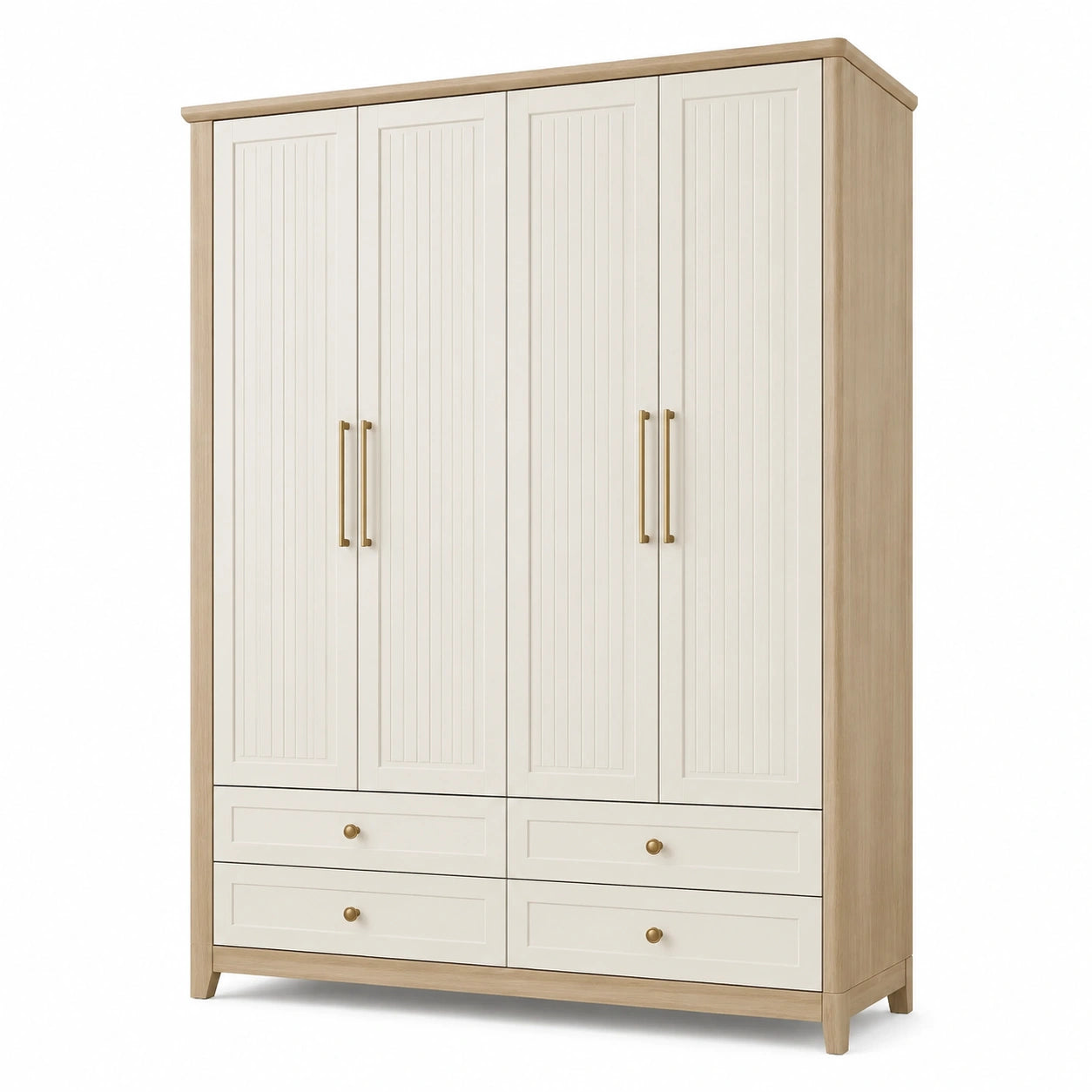 Armoire contemporaine à 4 portes et 4 tiroirs, blanc cassé et bois clair, poignées dorées, 160 × 55 × 210 cm