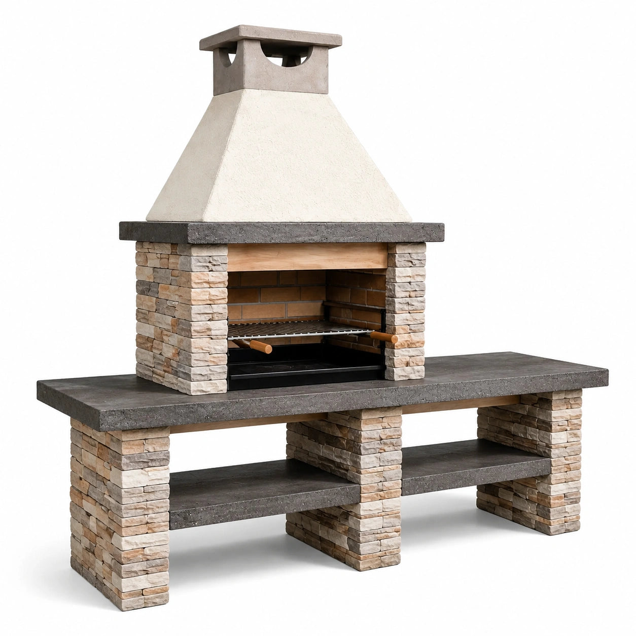 Barbecue de jardin beige, gris, écru et noir avec hotte et plan de travail – 180 × 70 × 220 cm