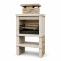 Barbecue fixe au charbon en pierre beige, briques brunes et acier noir, 90 × 60 × 210 cm