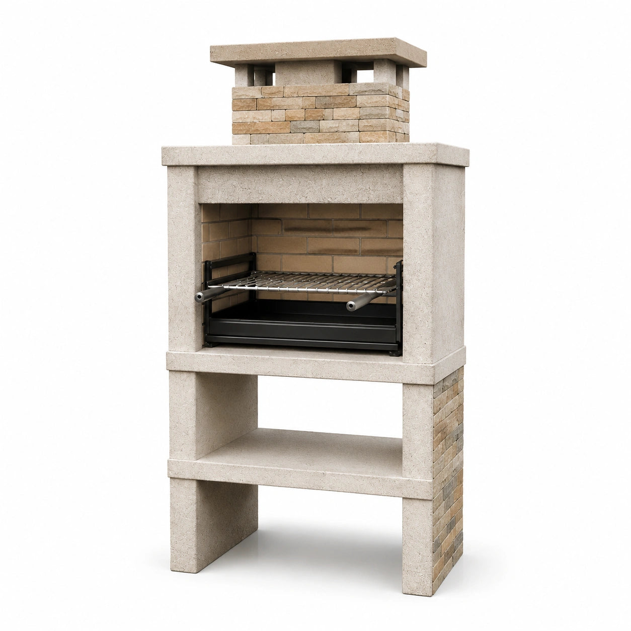 Barbecue fixe au charbon en pierre beige, briques brunes et acier noir, 90 × 60 × 210 cm