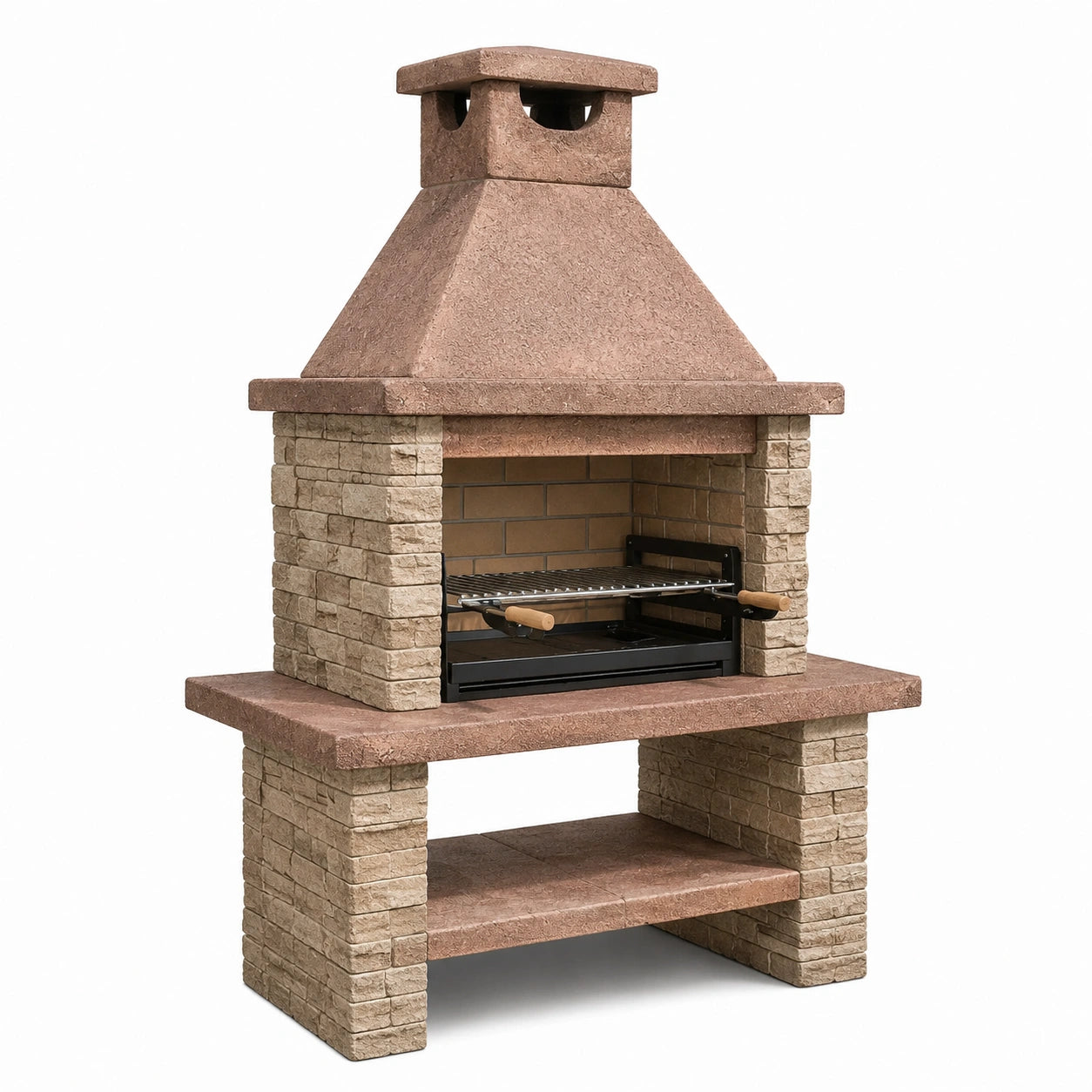 Barbecue de jardin en béton beige et brun 110 × 65 × 210 cm avec cheminée et grille réglable