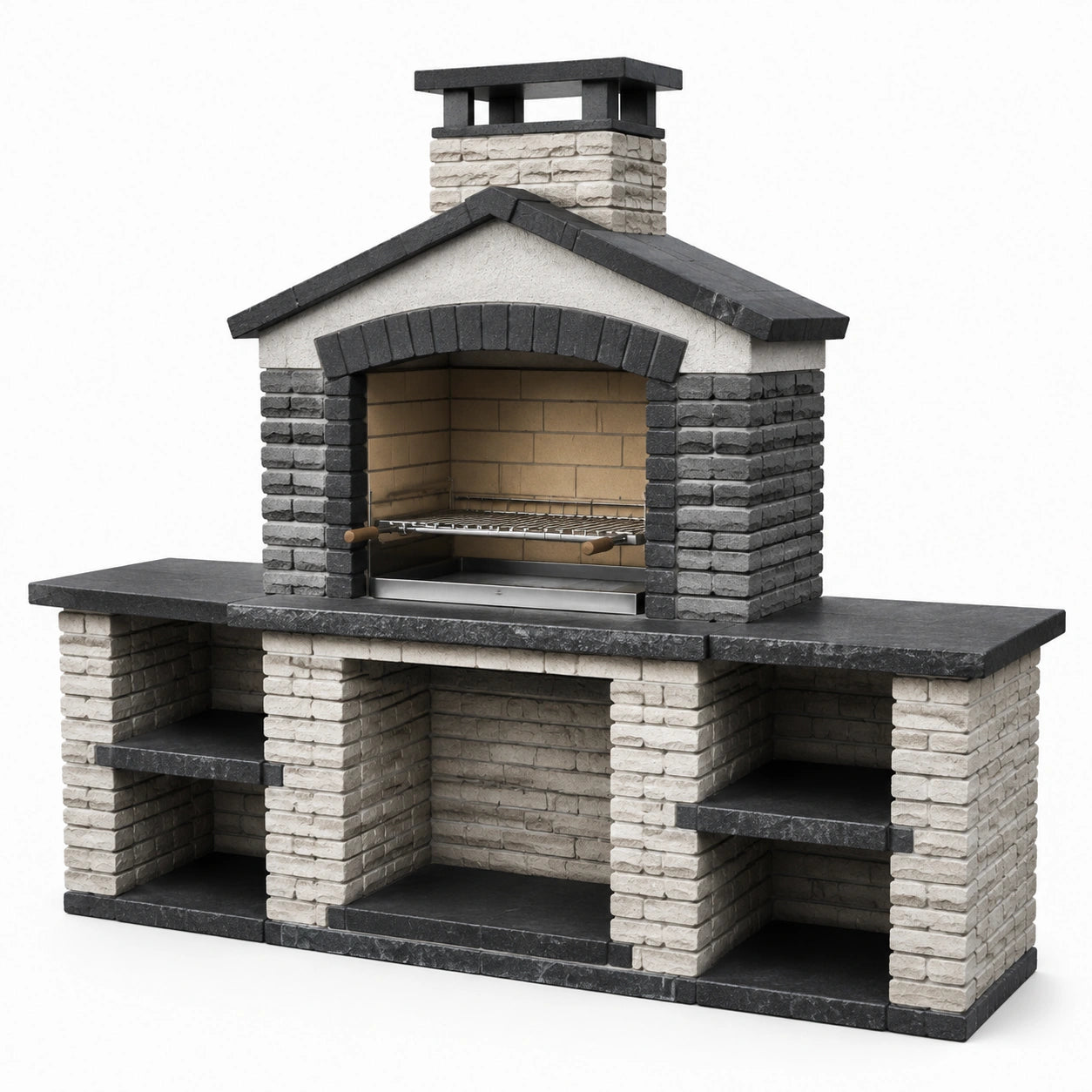Barbecue de jardin avec cheminée et rangements, 250 × 70 × 225 cm, gris anthracite, blanc cassé et beige