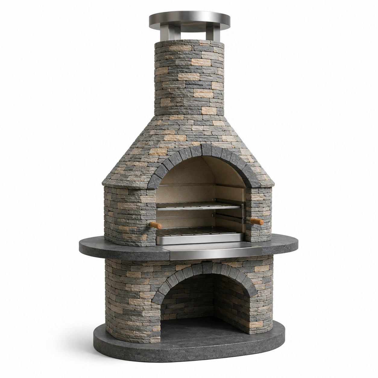 Barbecue de jardin en pierre grise et beige avec éléments en acier inoxydable, double grille et cheminée, 110 × 70 × 220 cm
