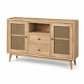 Buffet en bois naturel et cannage en rotin, 140 × 40 × 85 cm, 2 portes, 2 tiroirs et niche ouverte