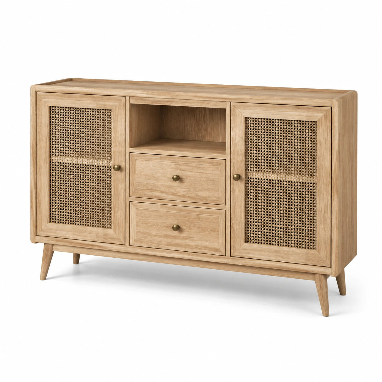 Buffet en bois naturel et cannage en rotin, 140 × 40 × 85 cm, 2 portes, 2 tiroirs et niche ouverte