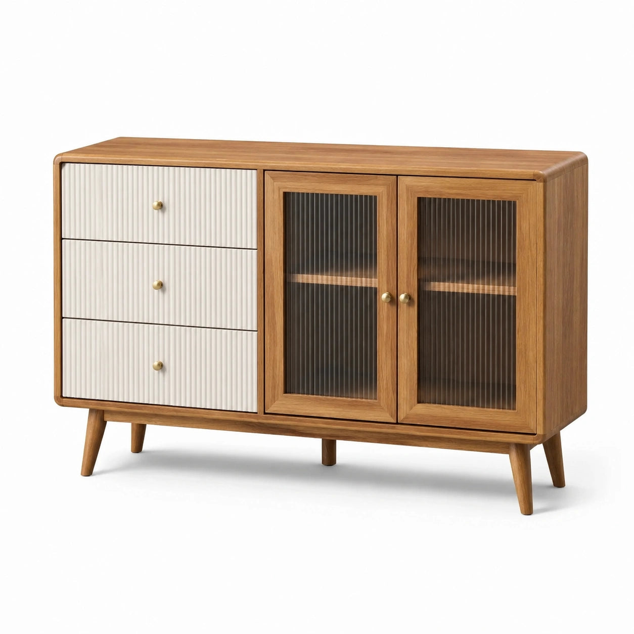 Buffet effet chêne 140 × 40 × 82 cm, blanc et verre cannelé gris fumé, 3 tiroirs et 2 portes