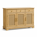 Buffet en bois finition chêne clair avec cannage naturel, 150 × 42 × 90 cm, 3 tiroirs et 3 portes