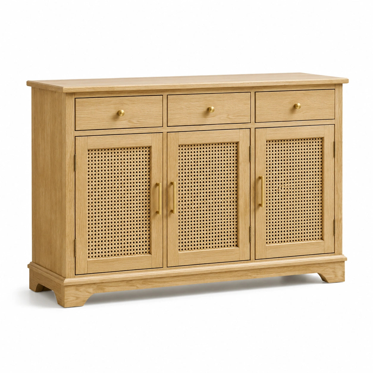 Buffet en bois finition chêne clair avec cannage naturel, 150 × 42 × 90 cm, 3 tiroirs et 3 portes