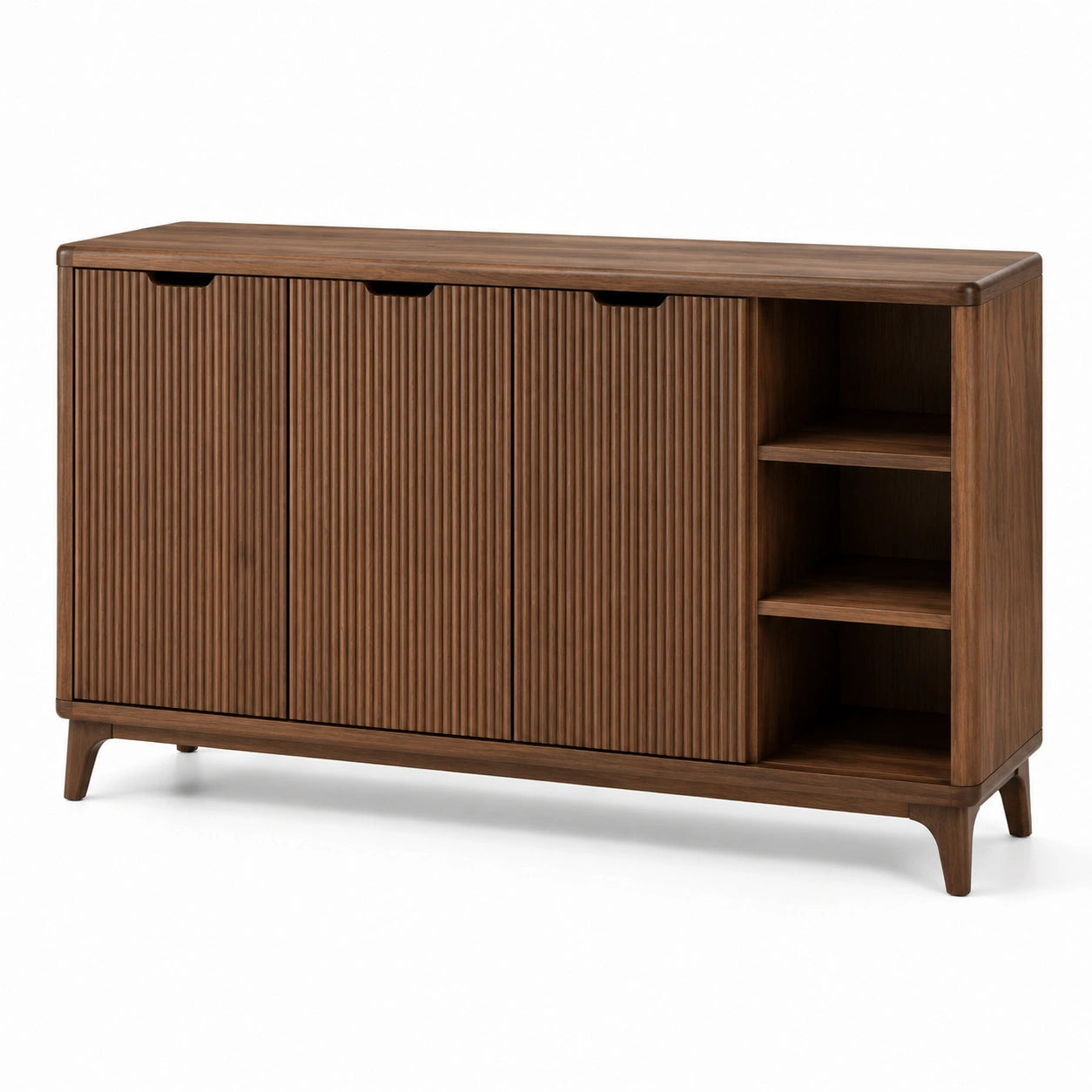 Buffet marron noyer à 3 portes rainurées et 3 niches ouvertes, 160 × 40 × 85 cm