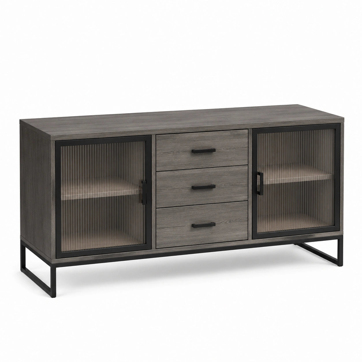 Buffet gris et noir en bois composite avec verre cannelé, 150 × 40 × 80 cm