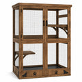 Enclos pour chat en bois brun et grillage métallique noir avec plateformes, 120 × 60 × 180 cm