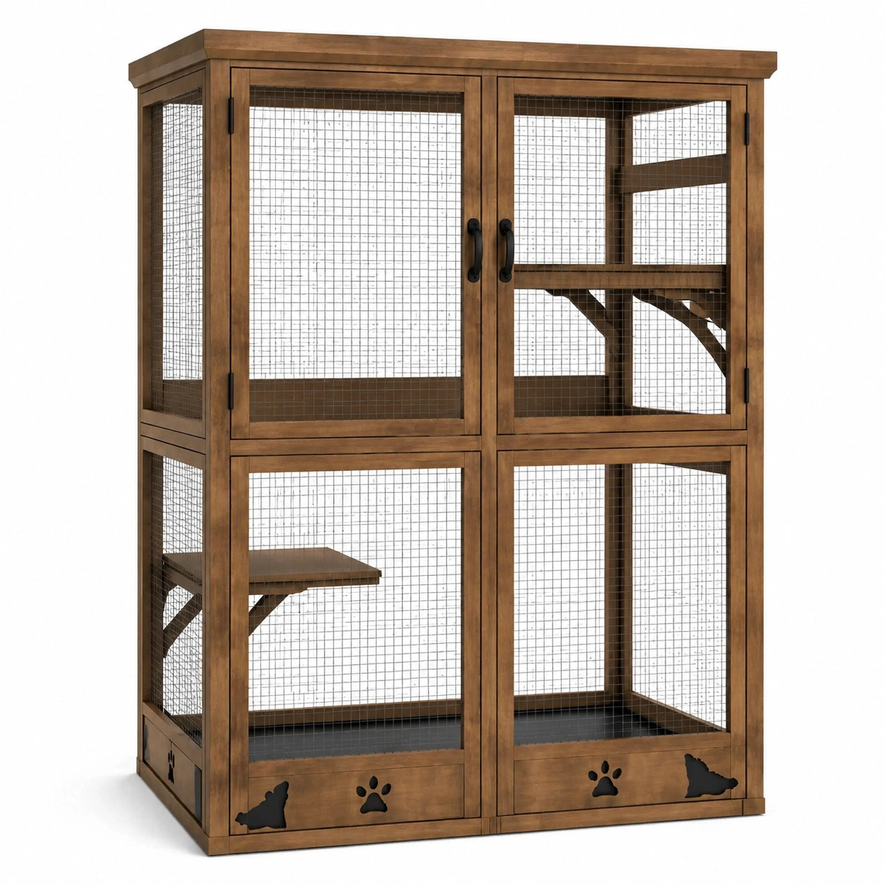 Enclos pour chat en bois brun et grillage métallique noir avec plateformes, 120 × 60 × 180 cm