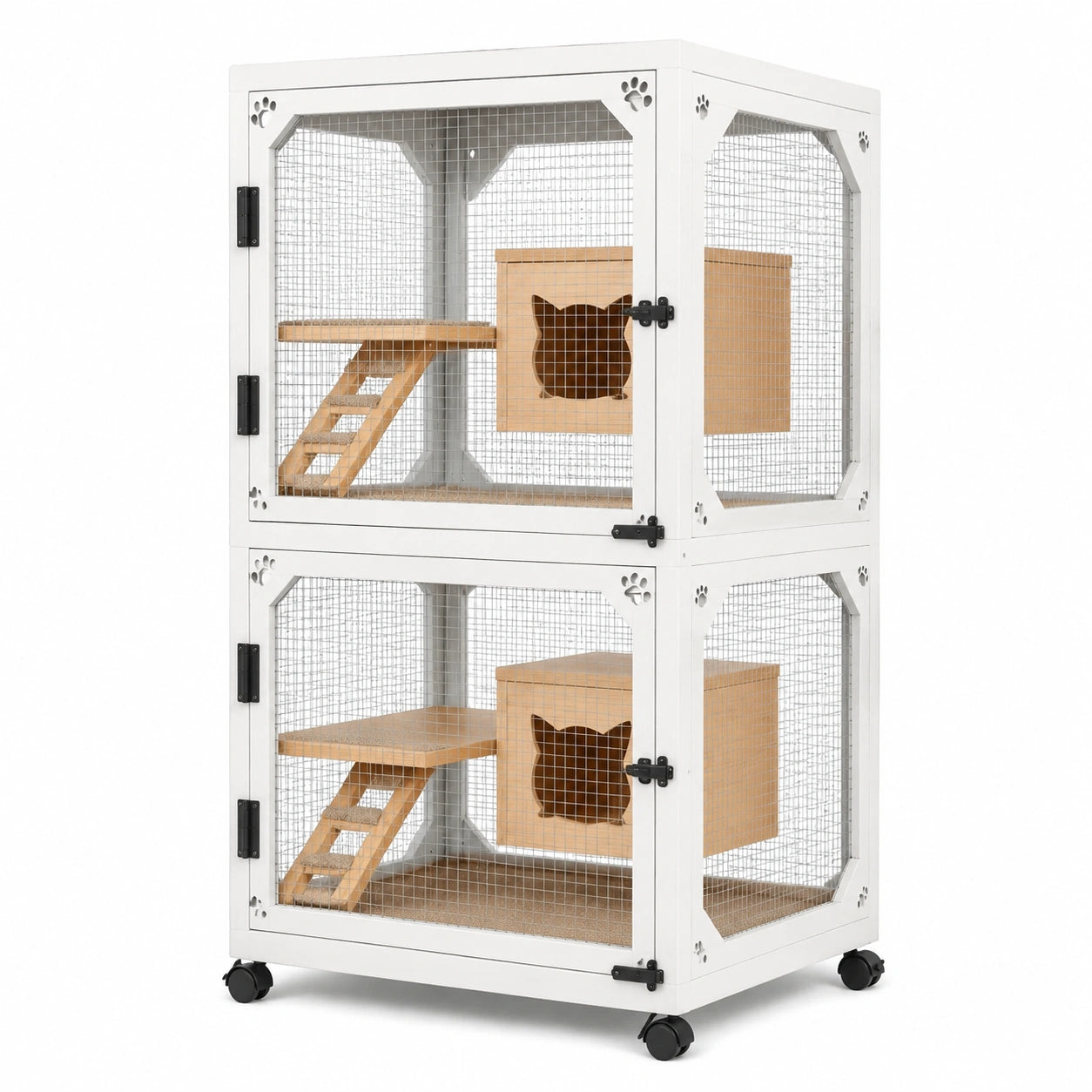 Cage pour chat à deux niveaux, blanche avec éléments en bois naturel et noir, grillage en acier et roulettes, 90 × 60 × 170 cm