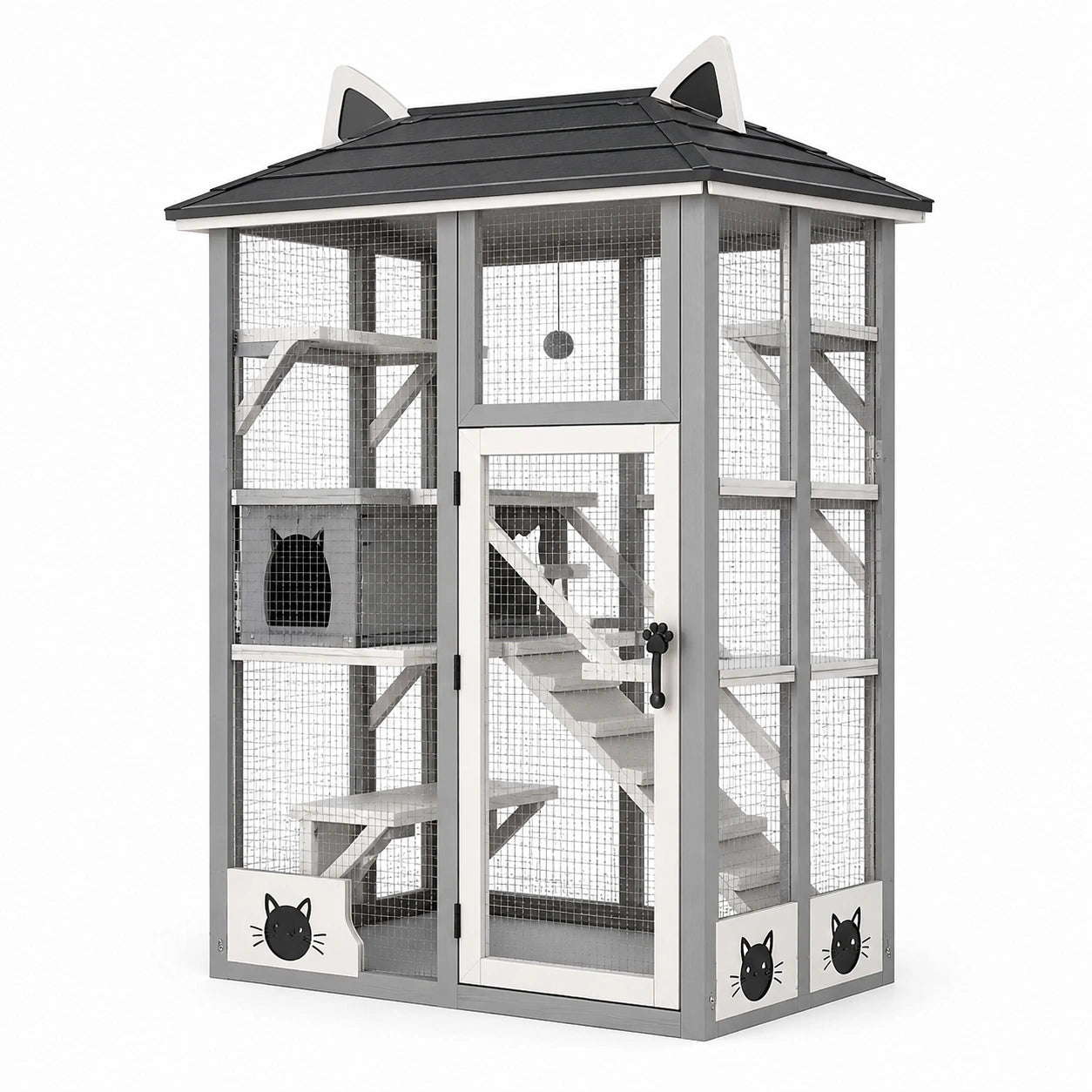 Enclos pour chats en bois grillagé à plusieurs niveaux, gris, blanc et noir, 100 × 80 × 180 cm