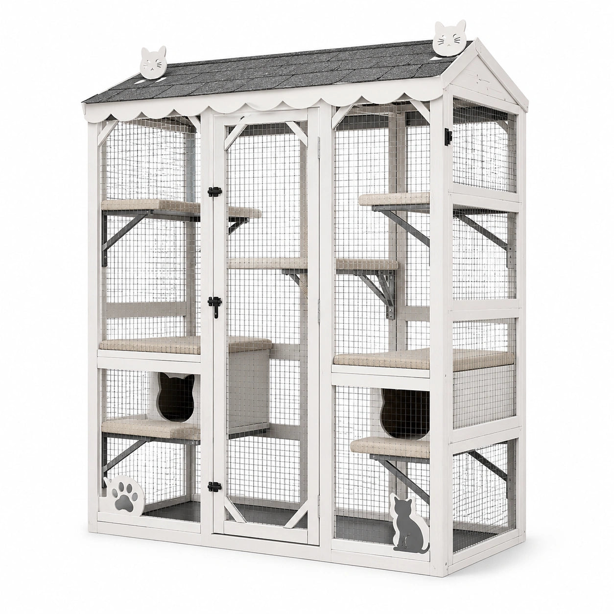 Enclos extérieur pour chats en bois blanc et grillage métallique avec toit et plateformes – 166 × 80 × 191 cm