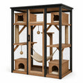 Enclos pour chat en bois brun et métal noir avec niches, plateformes et griffoirs, 120 × 90 × 190 cm