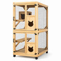 Enclos mobile pour chat à deux niveaux en bois naturel et treillis noir, 91 × 61 × 181 cm