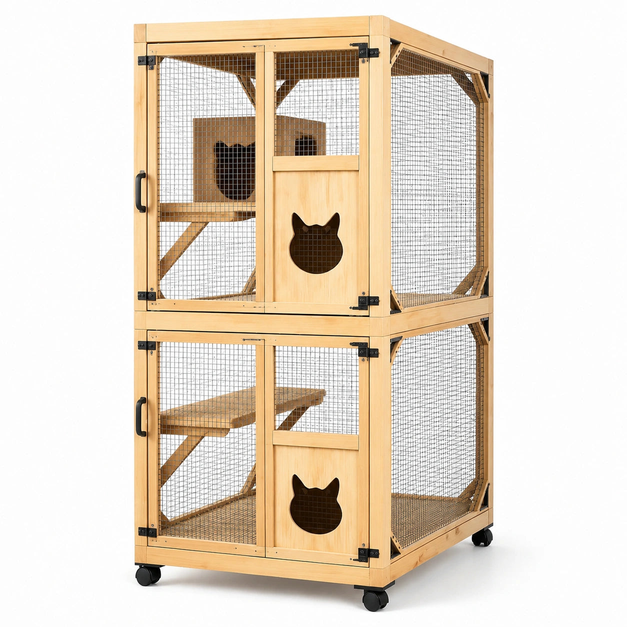 Enclos mobile pour chat à deux niveaux en bois naturel et treillis noir, 91 × 61 × 181 cm