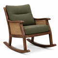 Fauteuil à bascule en bois marron, fibres tressées et tissu vert olive avec accoudoirs, 76 × 89 × 95 cm