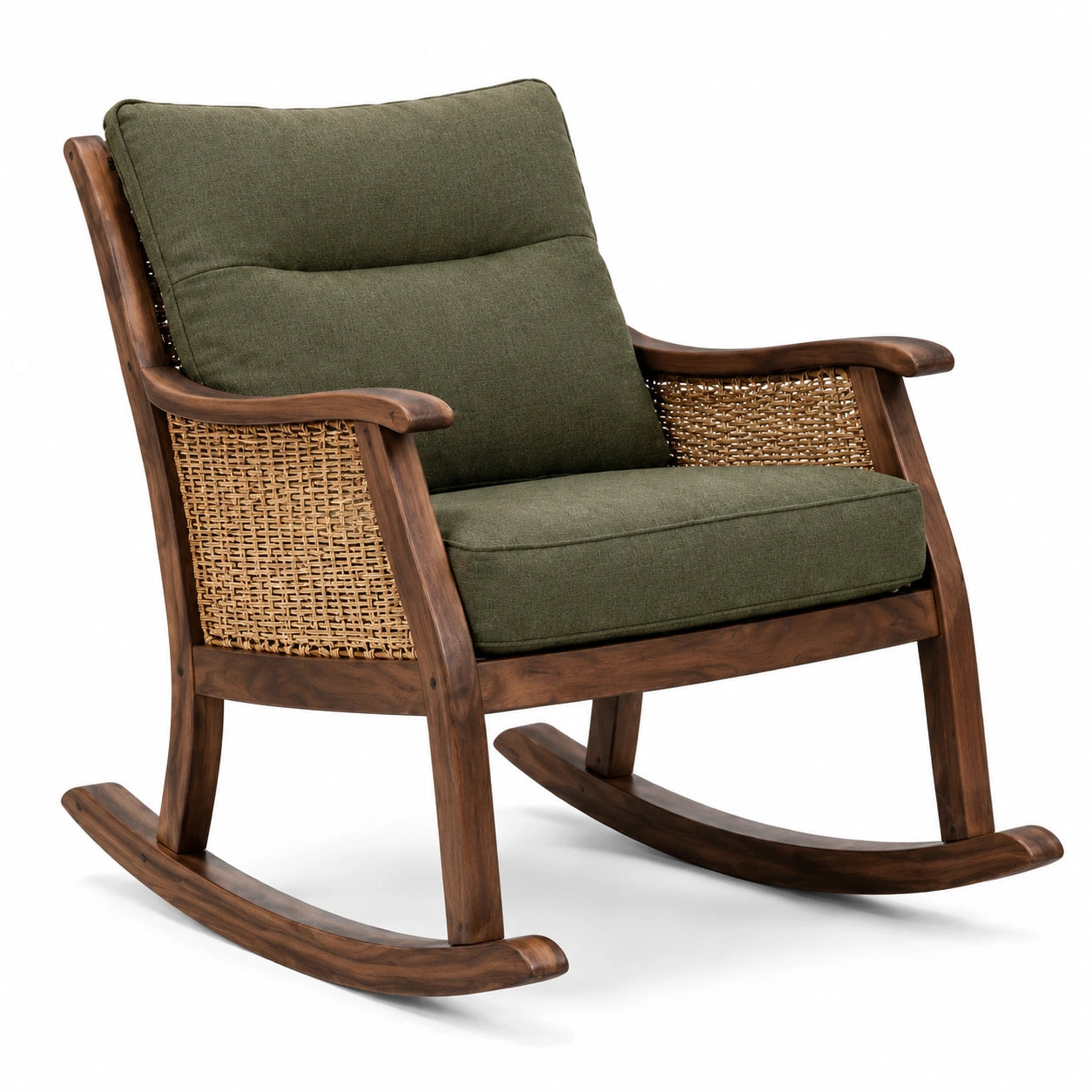 Fauteuil à bascule en bois marron, fibres tressées et tissu vert olive avec accoudoirs, 76 × 89 × 95 cm