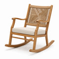 Fauteuil à bascule en bois naturel et corde tressée beige avec coussin rembourré, 68 × 90 × 100 cm, style bohème