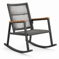 Fauteuil à bascule en métal noir et corde gris anthracite avec accoudoirs en bois naturel, 68 × 88 × 92 cm