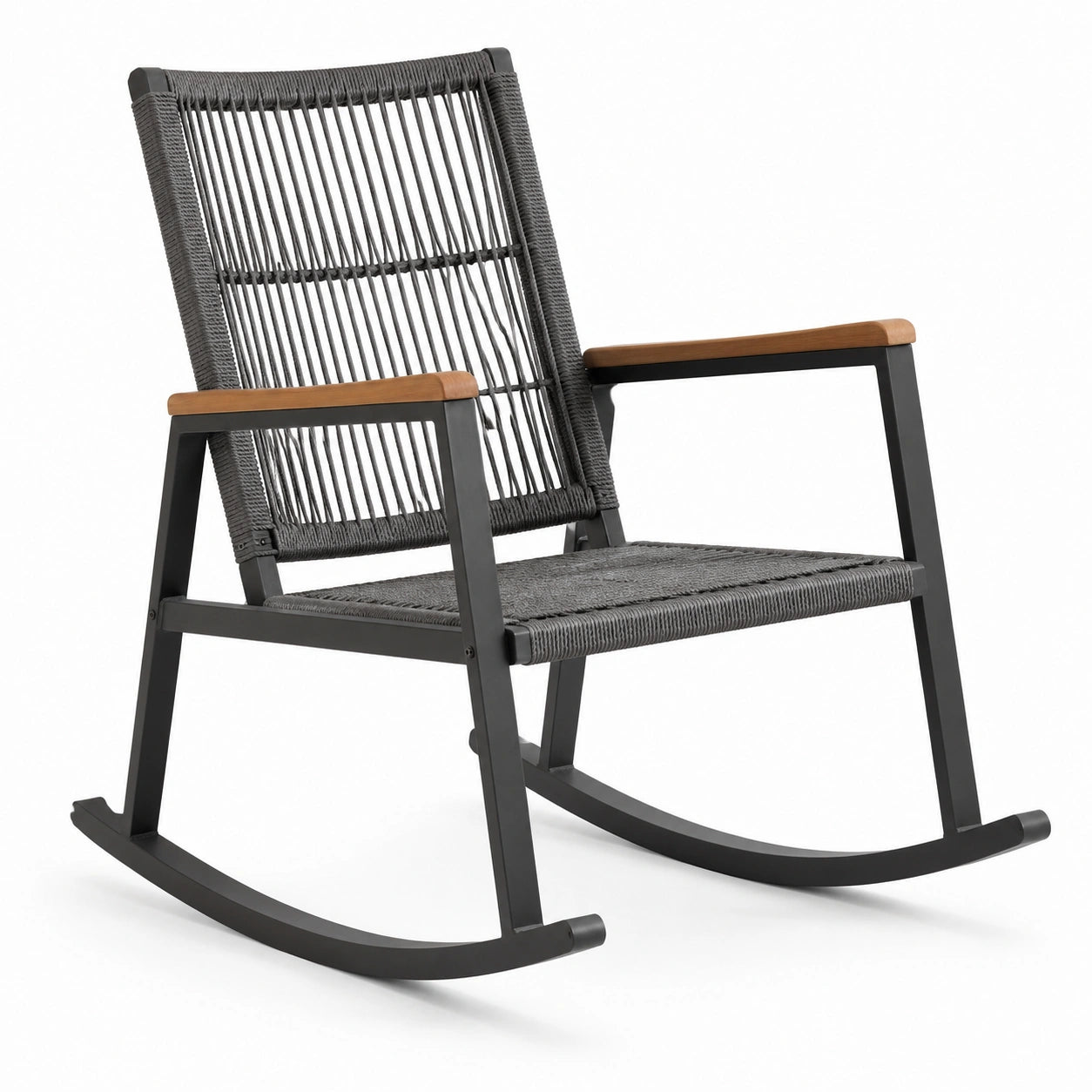 Fauteuil à bascule en métal noir et corde gris anthracite avec accoudoirs en bois naturel, 68 × 88 × 92 cm