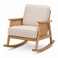Fauteuil à bascule en bois naturel, tissu beige et cannage, 75 × 90 × 95 cm