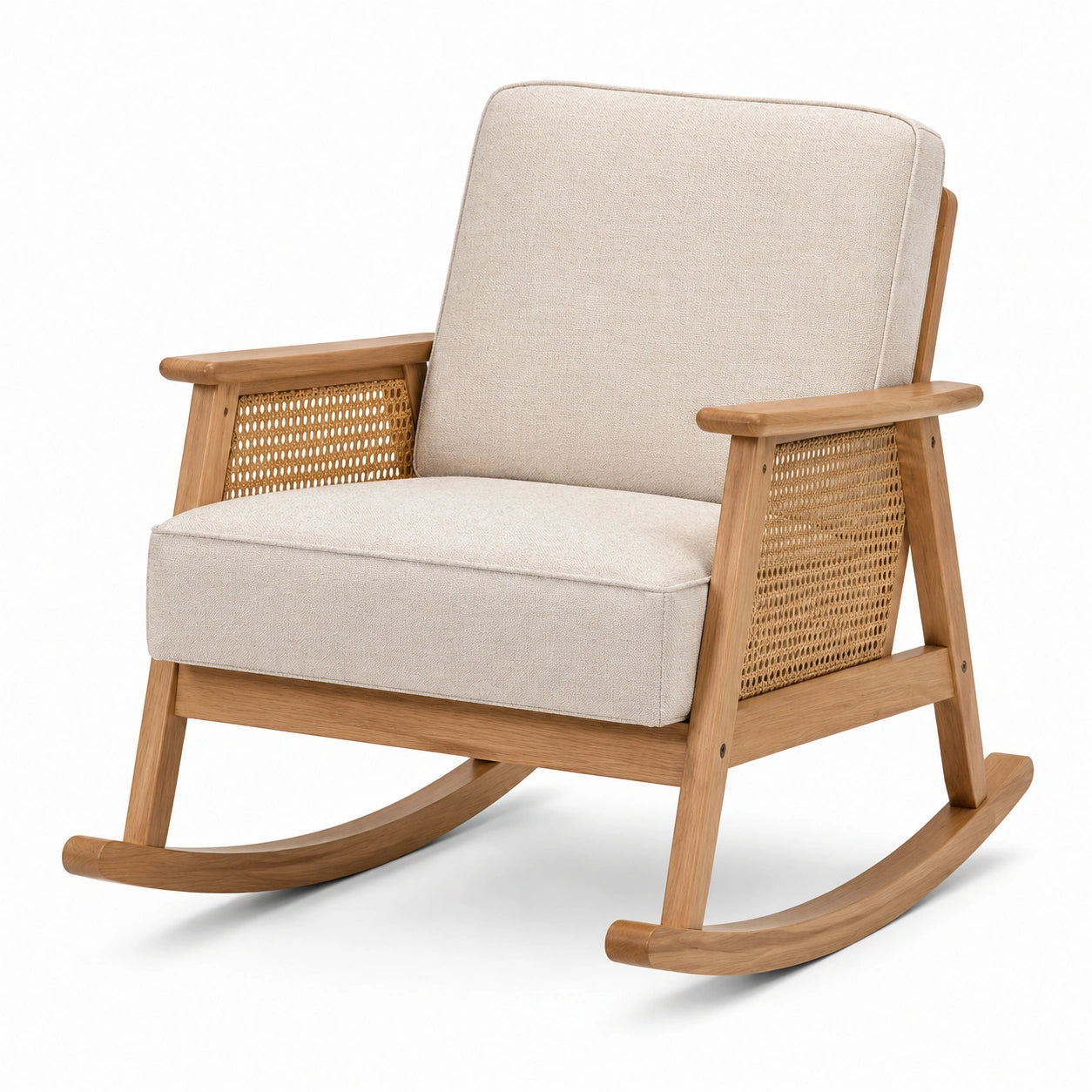 Fauteuil à bascule en bois naturel, tissu beige et cannage, 75 × 90 × 95 cm