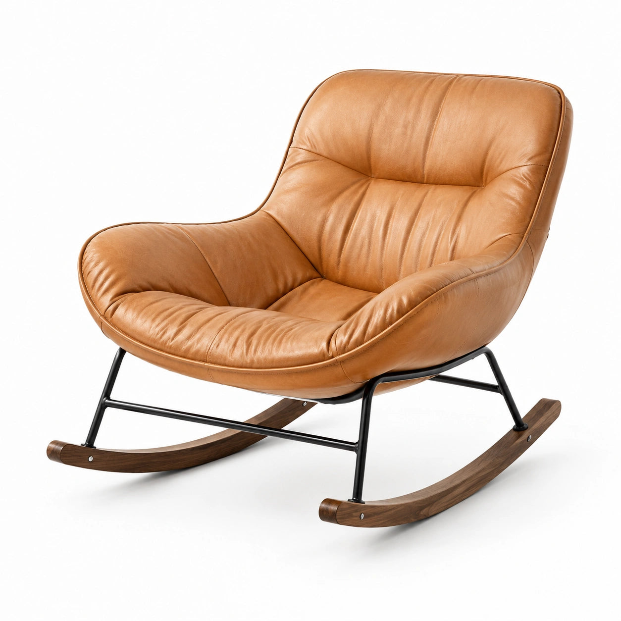 Fauteuil à bascule contemporain 100 × 92 × 88 cm, effet cuir cognac, métal noir et patins en bois marron foncé