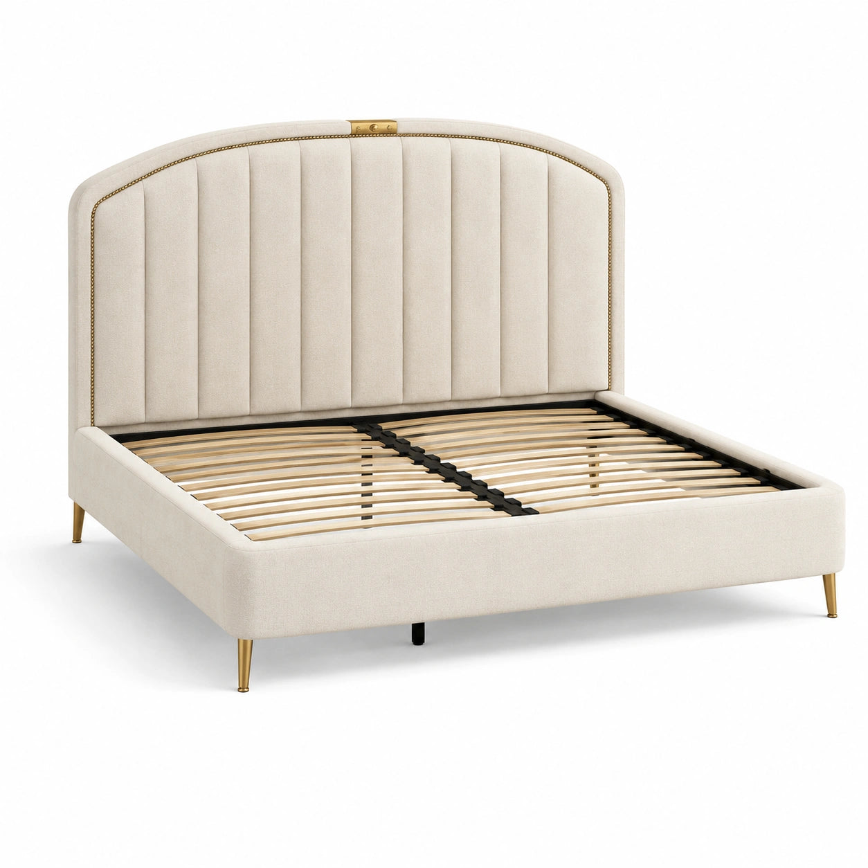 Lit double rembourré beige avec tête de lit et sommier à lattes, couchage 160 × 200 cm, dimensions 215 × 170 × 120 cm